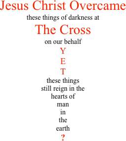 Jesus Christ Overcamethese things of darkness at The Crosson our behalf Y E T these things still reign in the hearts of man in the earth ? 