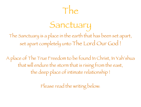 The  SanctuaryThe Sanctuary is a place in the earth that has been set apart, set apart completely unto The Lord Our God !  A place of The True Freedom to be found In Christ, In Yah’shua  that will endure the storm that is rising from the east, the deep place of intimate relationship ! 

Please read the writing below: The Sanctuary of The Lord.pdf
